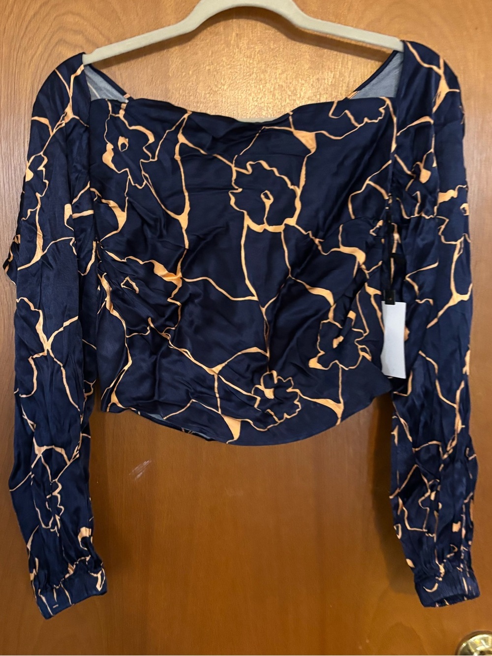 Astr Navy and Peach Floral Long-Sleeve Crop Blouse